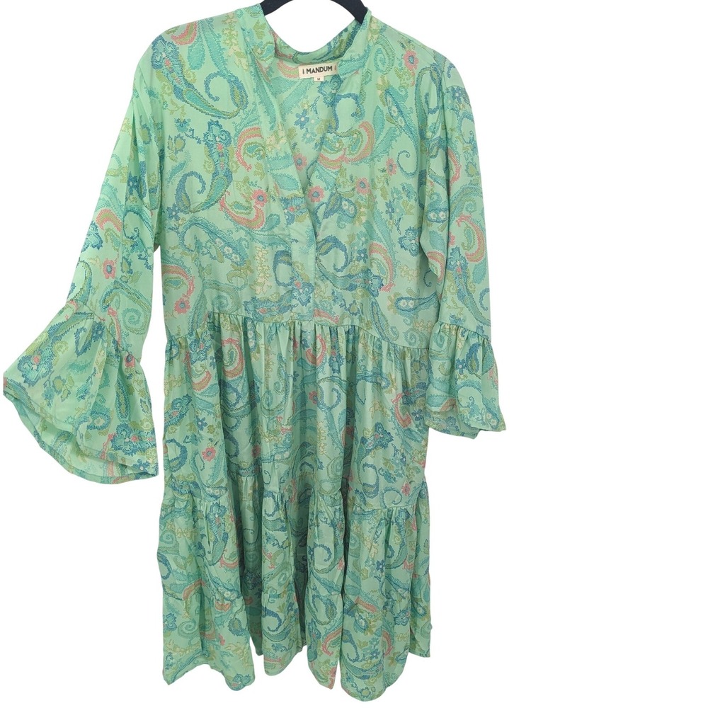 Mandum Silk Blend Dress Womens Medium Green Paisley Tiered Bell Sleeve Midi
